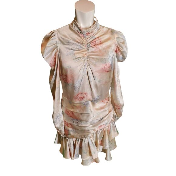 Bardot Sharna 80s inspired Satin Floral Ruched Puff Sleeve Mini Dress sz 8 - Picture 7 of 12